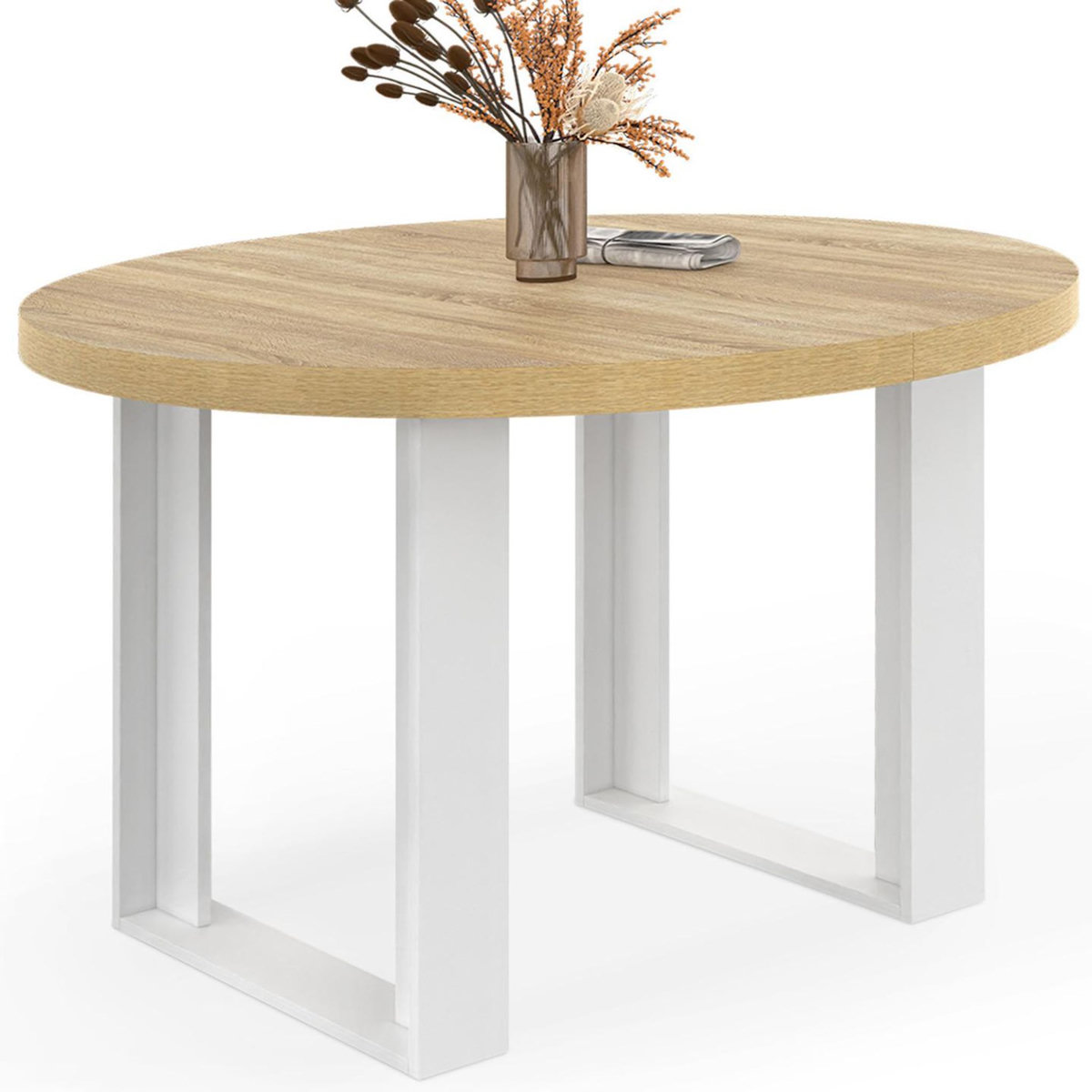 ID MARKET Table à manger fixe ronde PHOENIX 4 personnes bois et blanc 110 cm