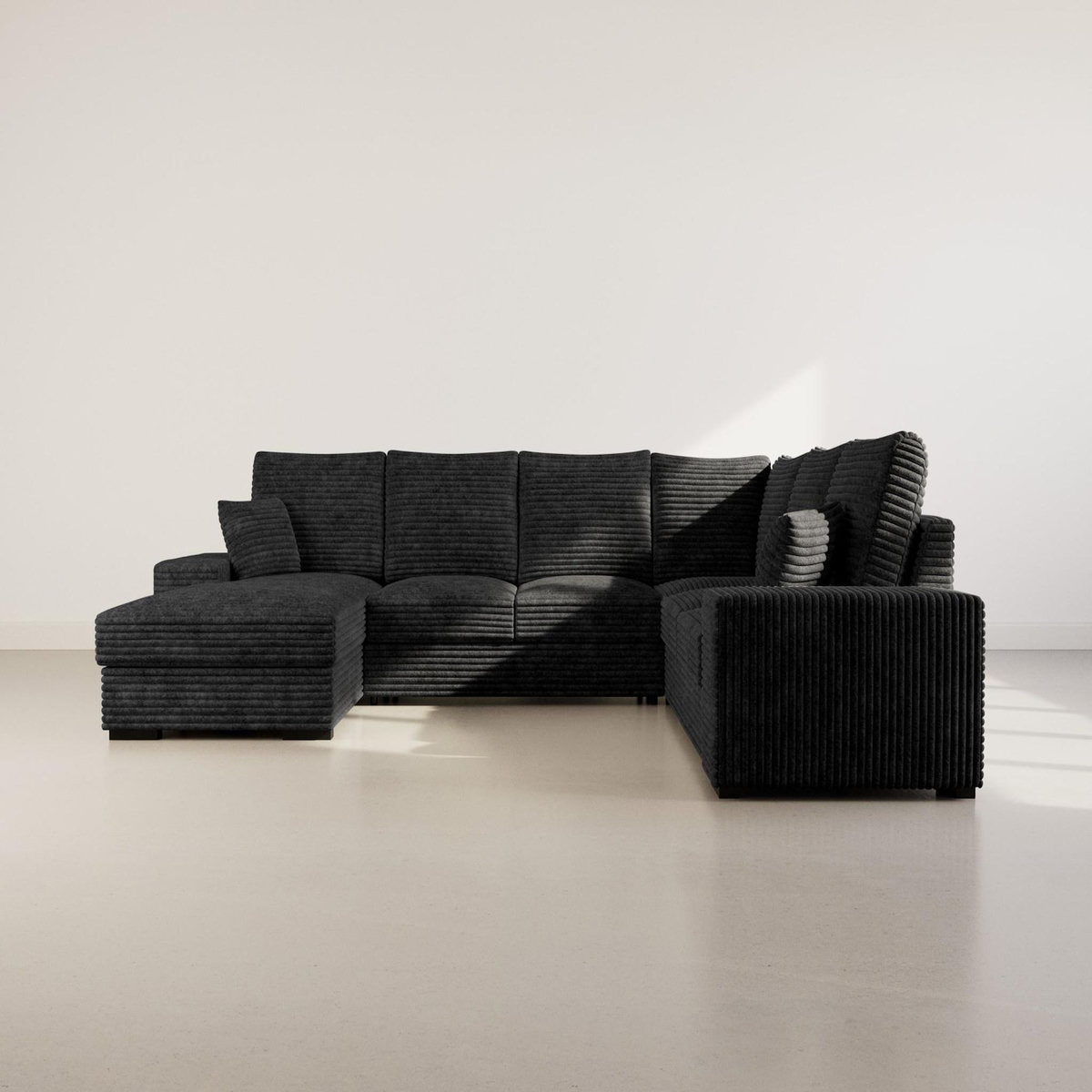 BEST MOBILIER Lorie - canapé panoramique d'angle droit 7 places convertible en velours côtelé grosse côte avec coffre