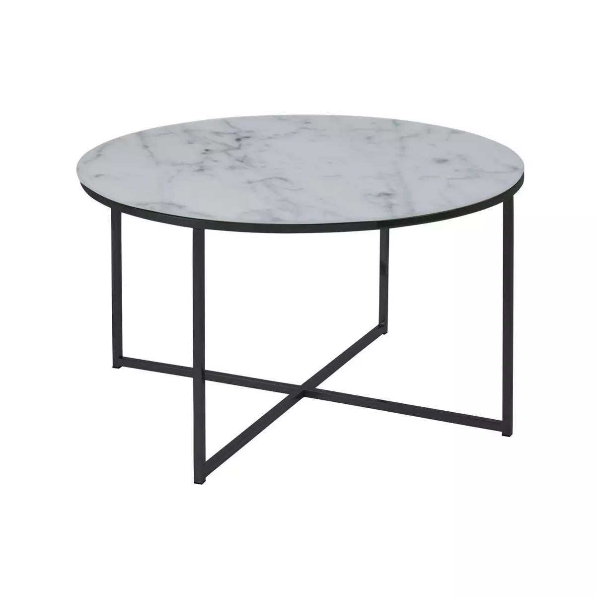 TOILINUX Table basse ronde en verre effet marbre - Diam. 80 cm - Blanc et Noir