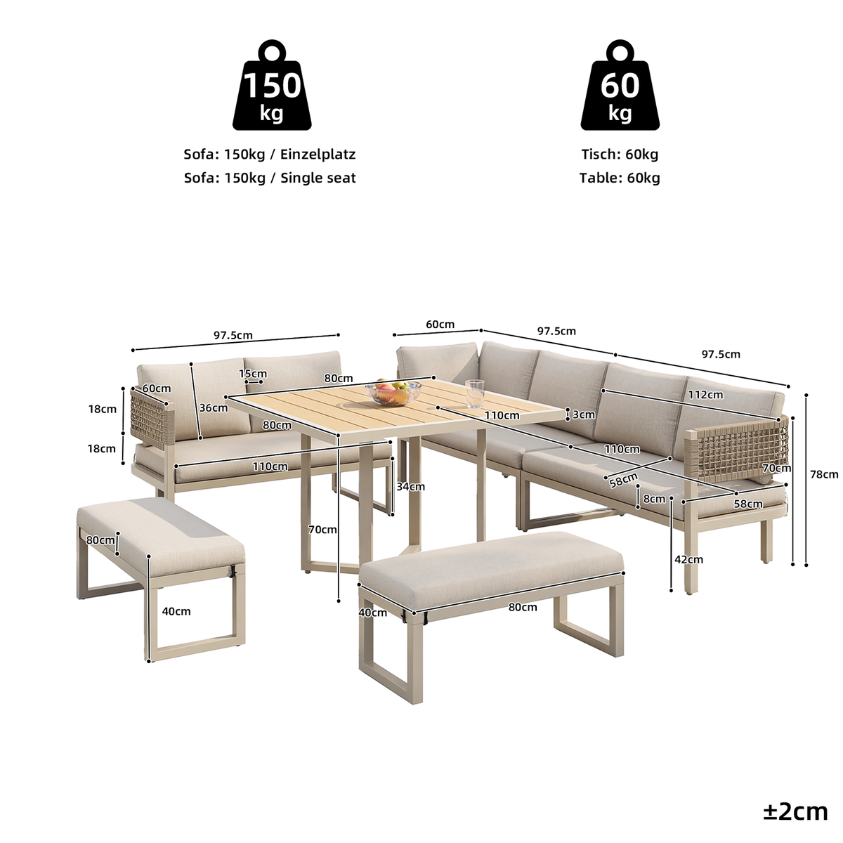 MERAX Salon de jardin repas 10 places en Métal avec canapé, grand table à manger et coussins, beige
