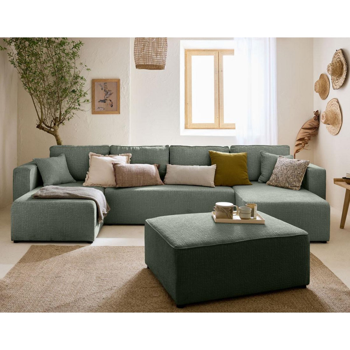 BEST MOBILIER Topaze - canapé panoramique en u - 7 places - convertible avec coffre - en tissu velours relief