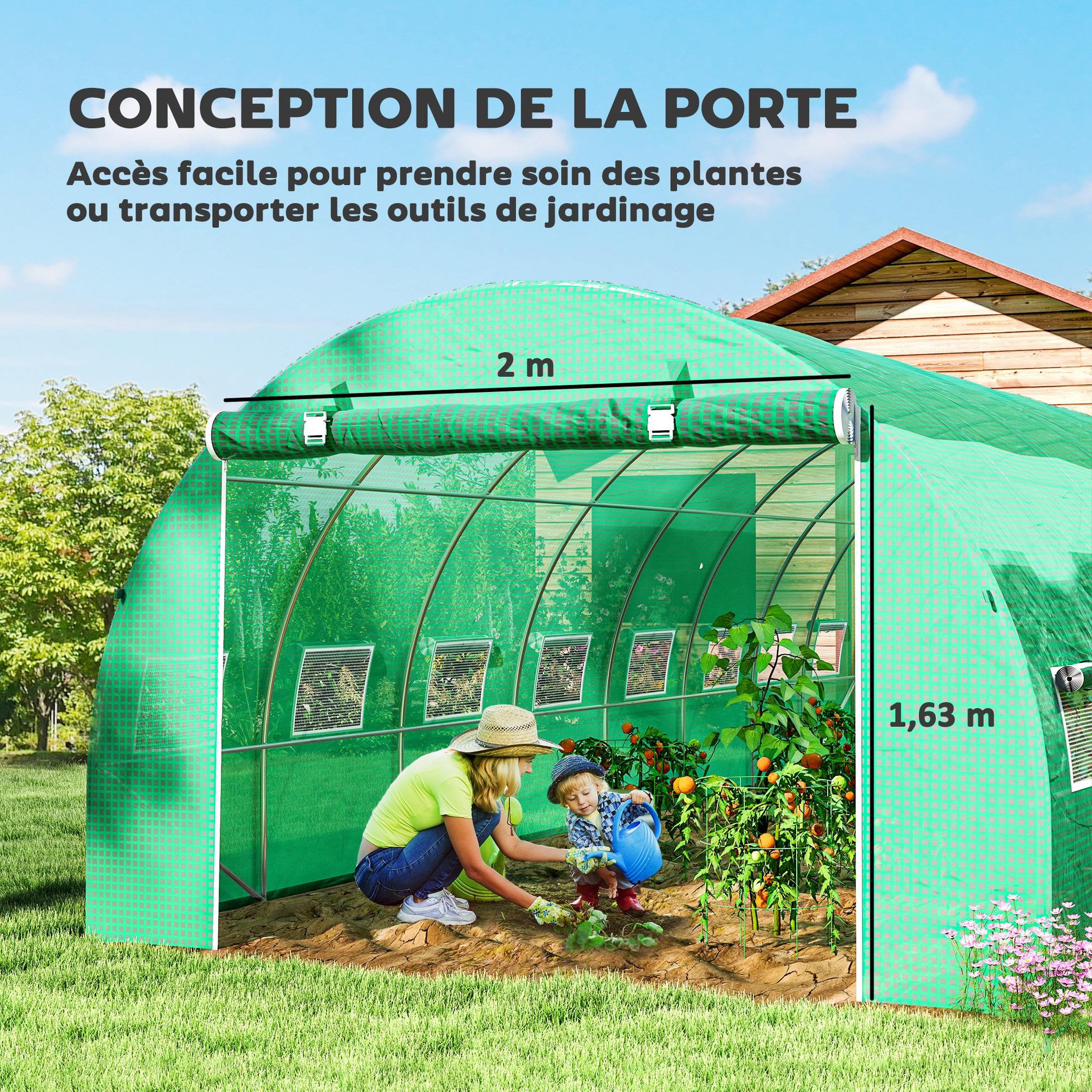 Voir la diapositive 6 : OUTSUNNY Serre tunnel 24m² dim. 8l x 3l x 2h m - 16 fenêtres, porte zippée - acier galvanisé pe haute densité vert