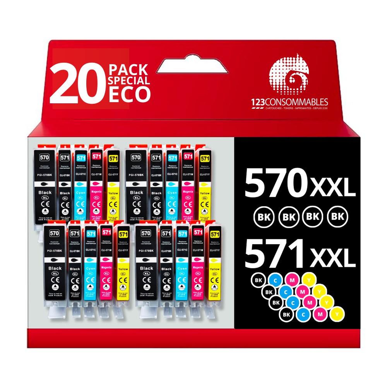 123CONSOMMABLES 570 571XL Cartouche d'encre Compatibles avec Canon 570 571 pour Canon PIXMA TS5055 TS5050 MG5750 TS5053 MG6852 MG6850 MG5700 MG5752 MG5753 8 / 4 Cyan / 4 / 4 Jaune Neuf - vue 8
