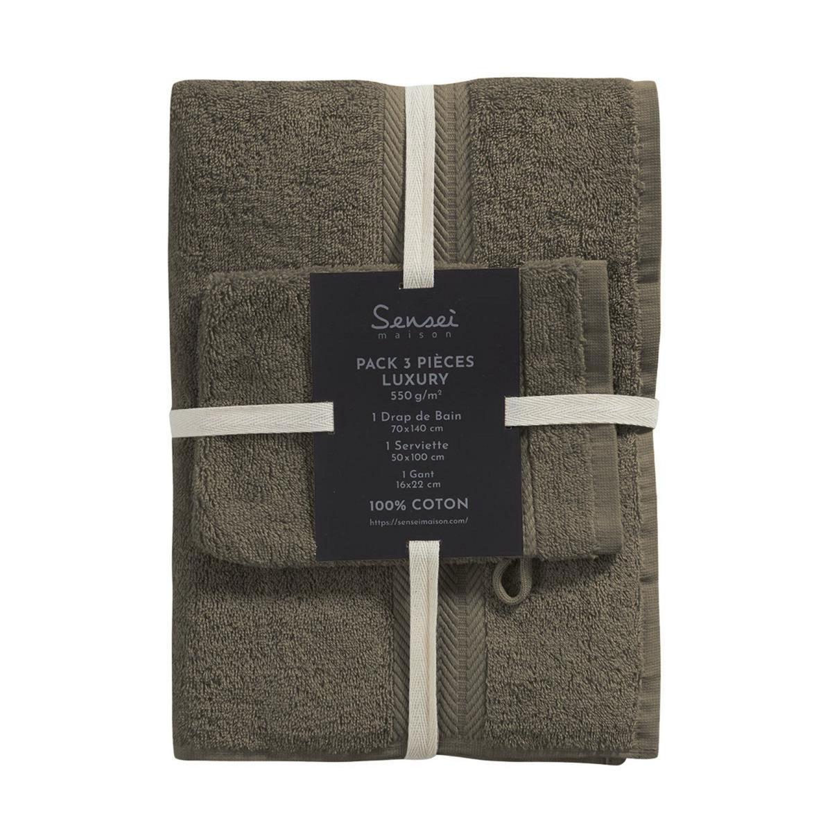 Sensei Maison Ensemble de bain 3 pièces (1 drap de bain + 1 serviette de toilette + 1 gant) LUXURY