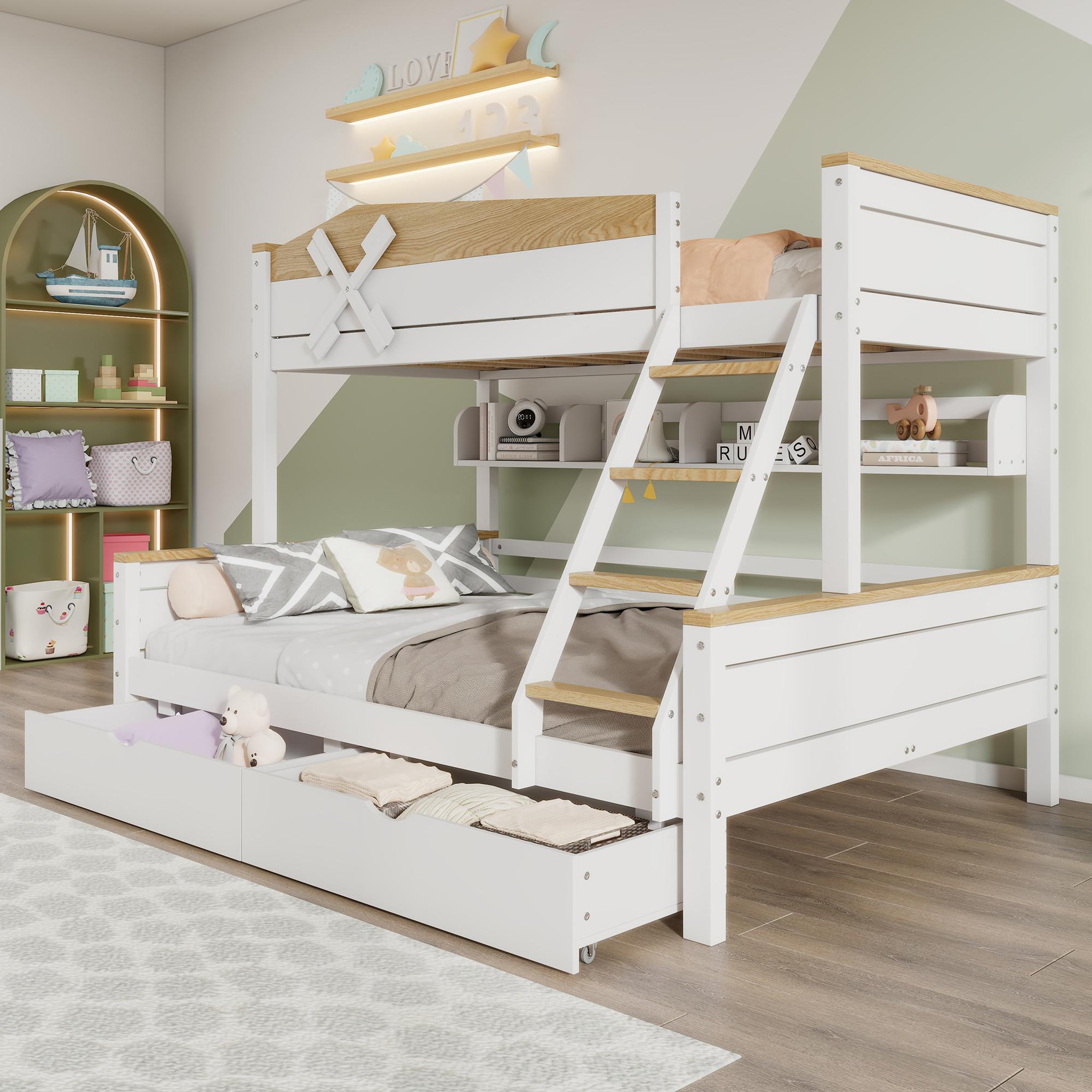 Voir la diapositive 5 : MERAX Lit superposé 140x200(90x200)cm coloris blanc+naturel pin