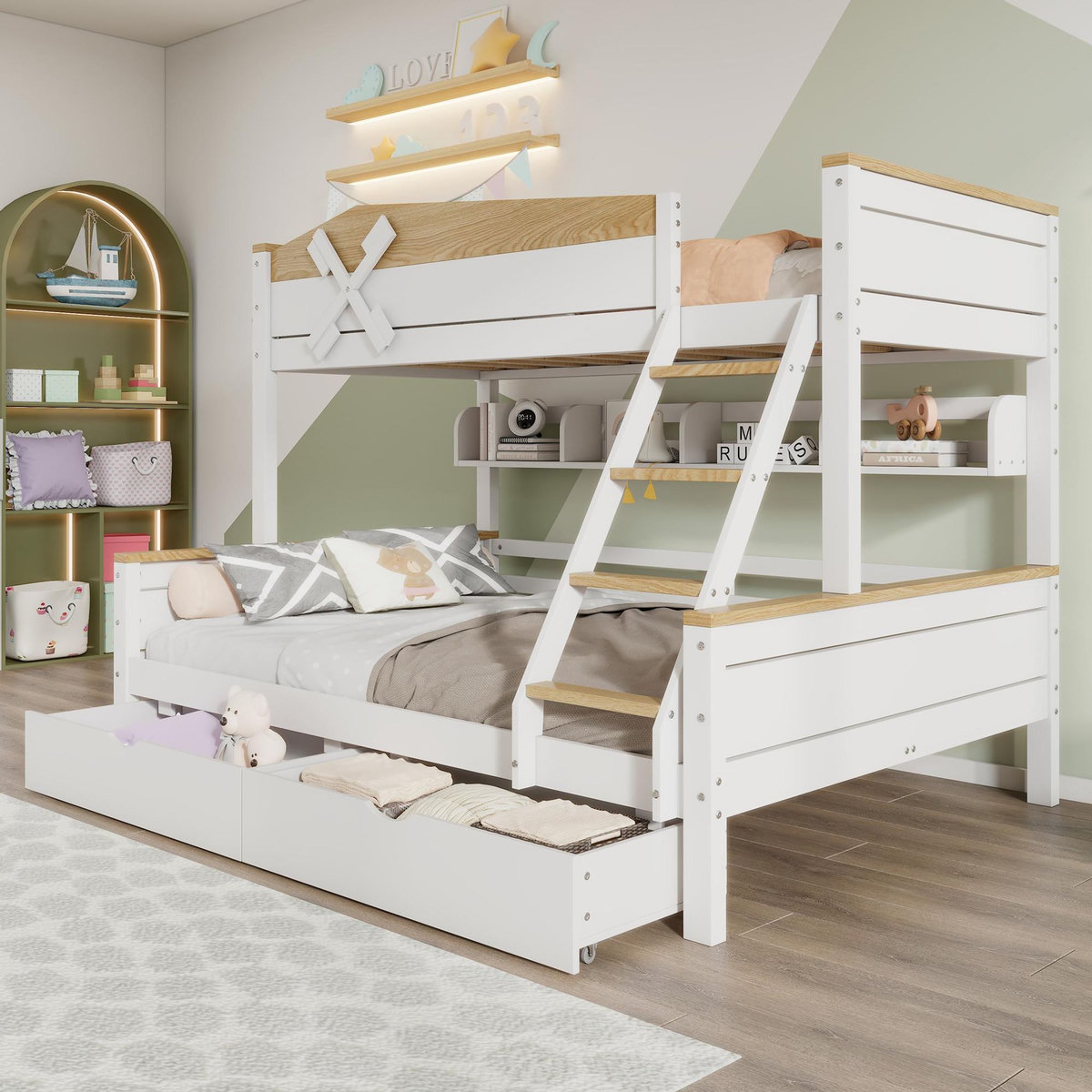 MERAX Lit superposé 140x200(90x200)cm coloris blanc+naturel pin