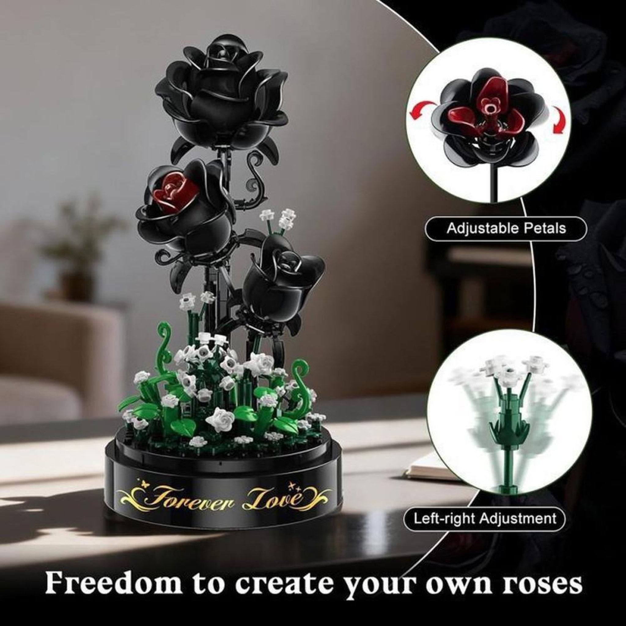 Voir la diapositive 5 : Bouquet de roses noires LED en coffret de construction, 232 mini-blocs 3,6 mm, dôme anti-poussière, pétales ajustables