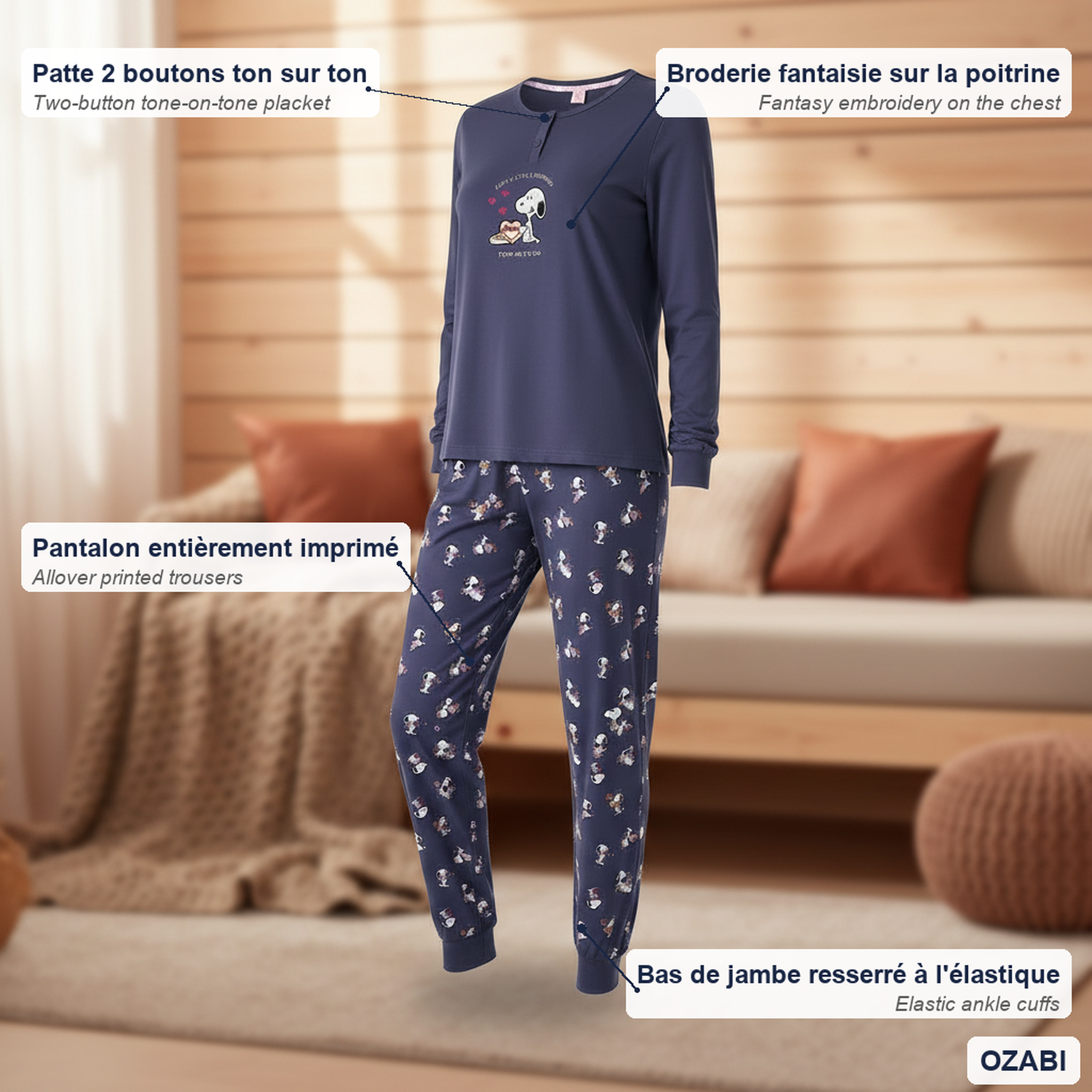 Voir la diapositive 5 : OZABI Ozabi ensemble pyjama femme léger broderie motif fantaisie