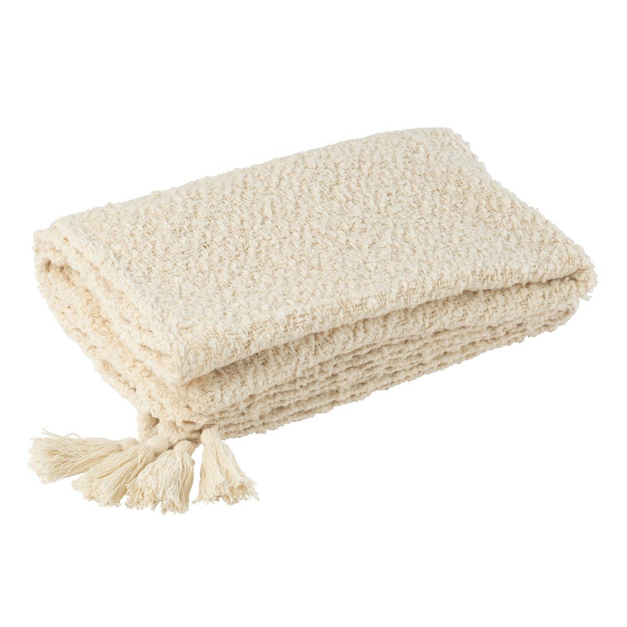 J-LINE Plaid uni en coton  floches  130x180cm crème