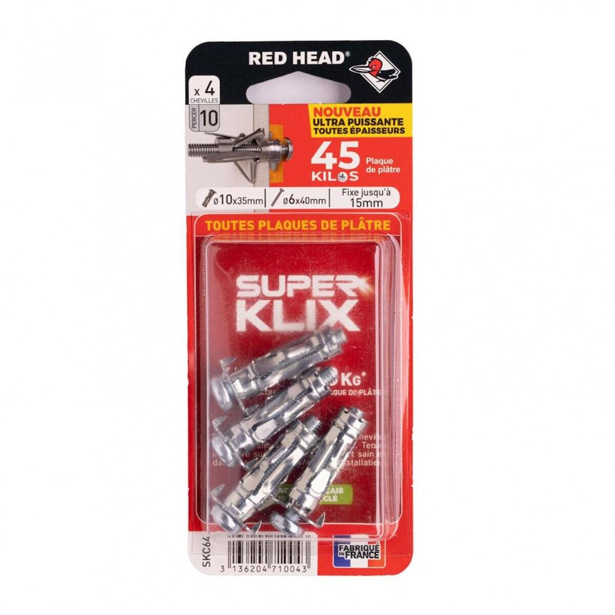 RED HEAD Lot de 4 chevilles Diam. 10 x L.35 mm et vis a expansion RED HEAD, Diam. 6 x L.40 mm