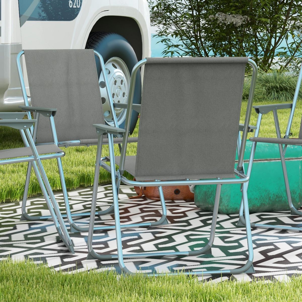 OUTSUNNY Lot de 4 chaises pliantes de jardin chaises de camping plage avec accoudoirs tissu Oxford gris