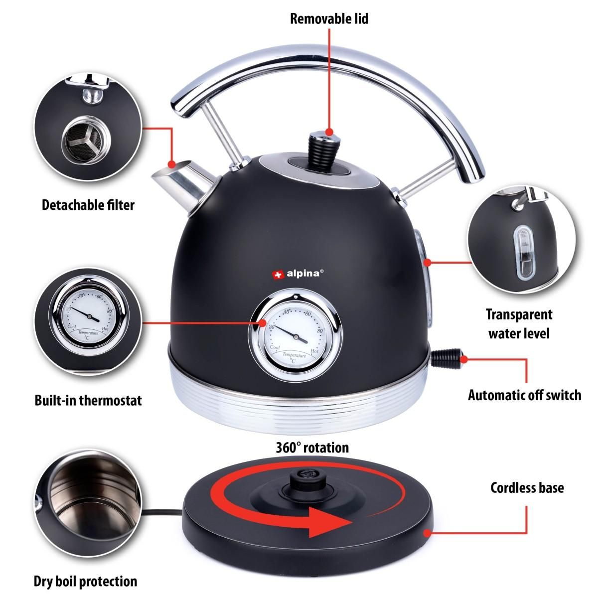 Alpina Bouilloire électrique 2200W 1.8 Litre base rotation 360° Thermostat ALPINA