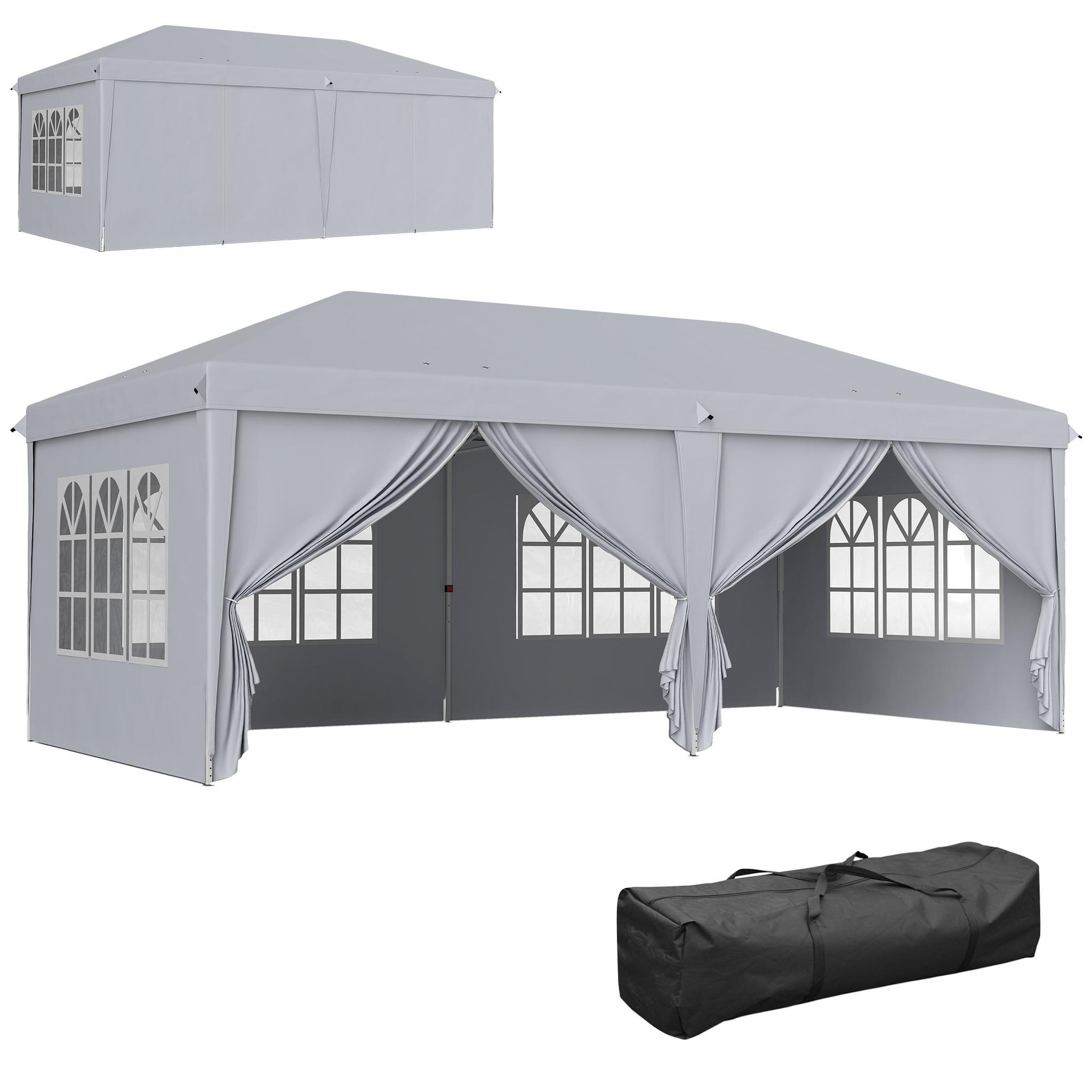 OUTSUNNY Tonnelle barnum pliant pop-up imperméabilisé 5,85L x 2,95l x 2,7H m 6 parois latérales amovibles 4 fenêtres + sac de transport gris