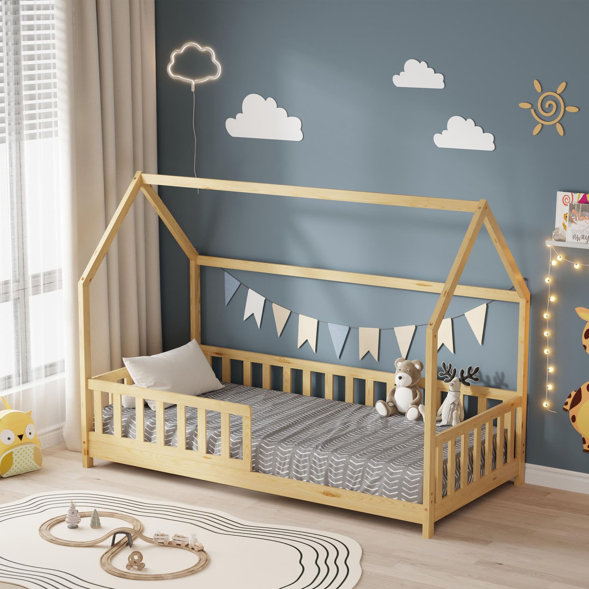 MINEA MINEA | Lit cabane avec barrière TCHOUPI 90x190 cm (matelas non inclus)