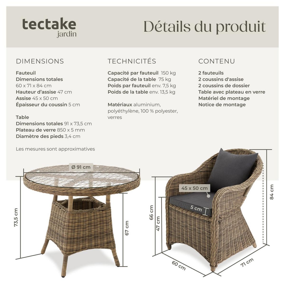 tectake Salon de jardin avec cadre en aluminium marron naturel
