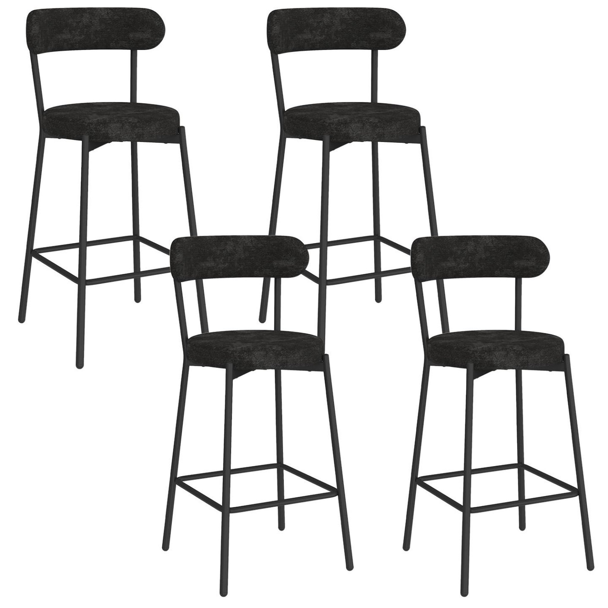 ID MARKET Lot de 4 tabourets de bar miki dossier incurvé en tissu chenille noir pieds en métal noir