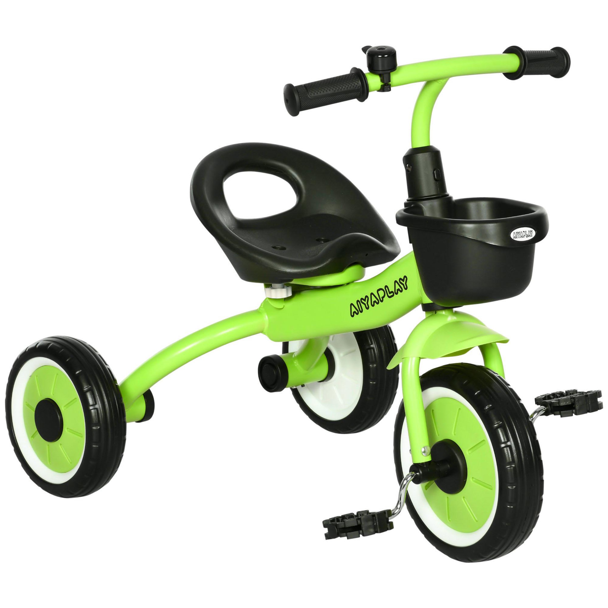 HOMCOM Tricycle enfant multi-équipé garde-boue sonnette panier pédales antidérapantes siège réglable avec dossier métal vert