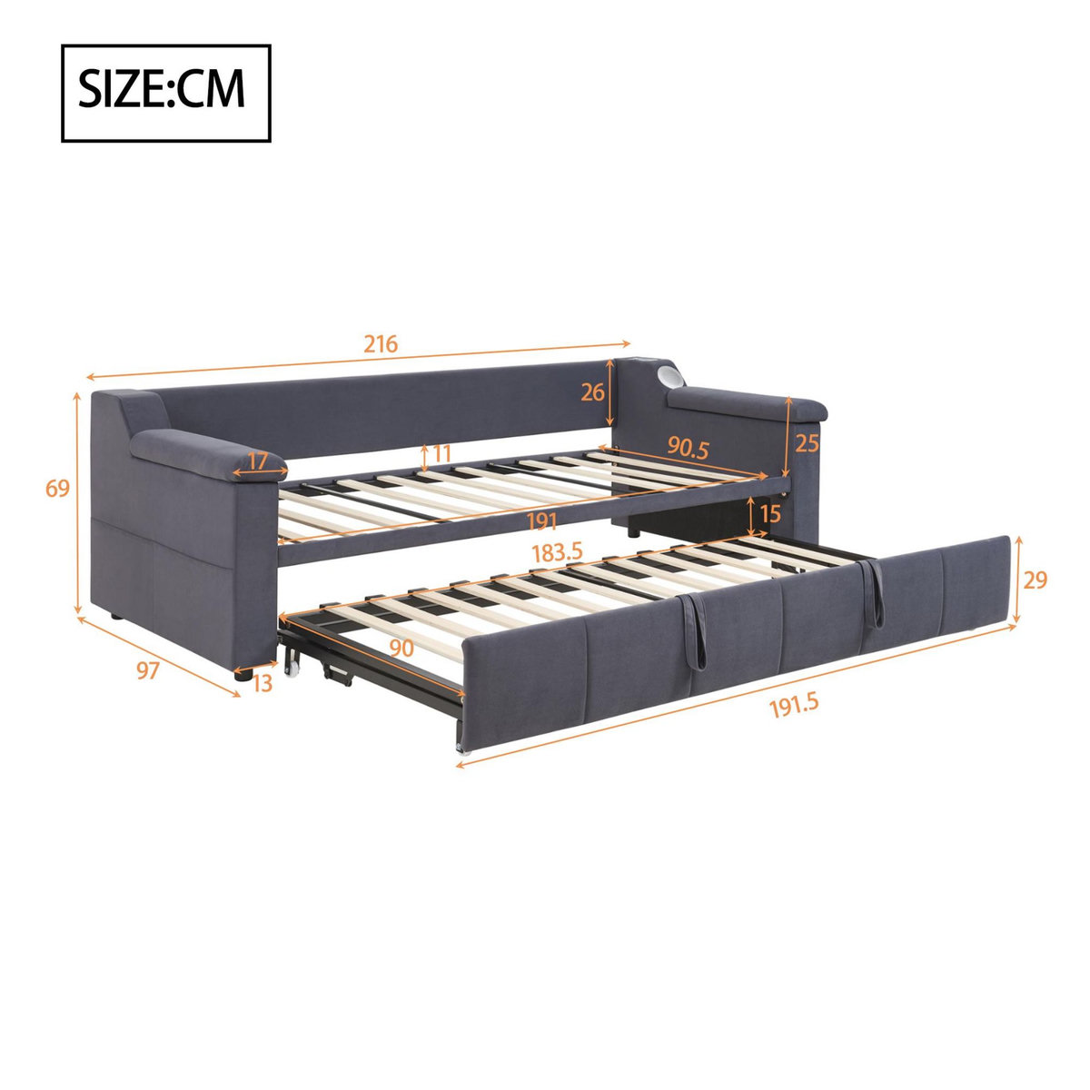 MERAX Lit banquette gigogne rembourré 90x190(180x190)cm