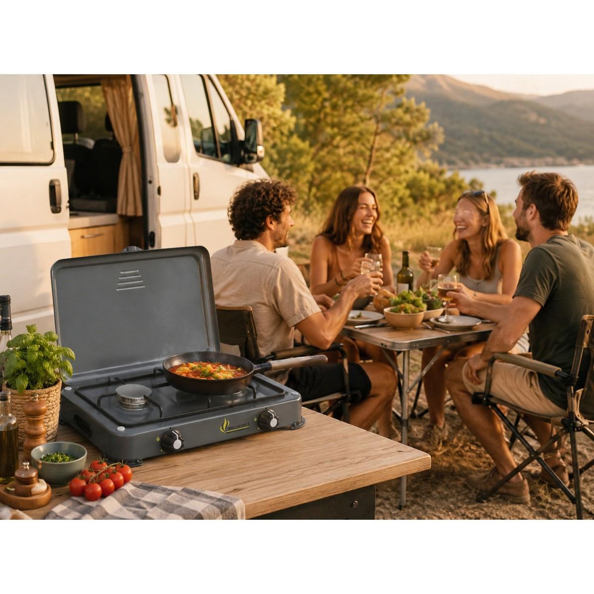 Voir la diapositive 3 : INTEC Réchaud à gaz portable 2 feux 3200W Brûleurs Inox - Plaque de cuisson gaz Butane ou Propane Design Gris INTEC