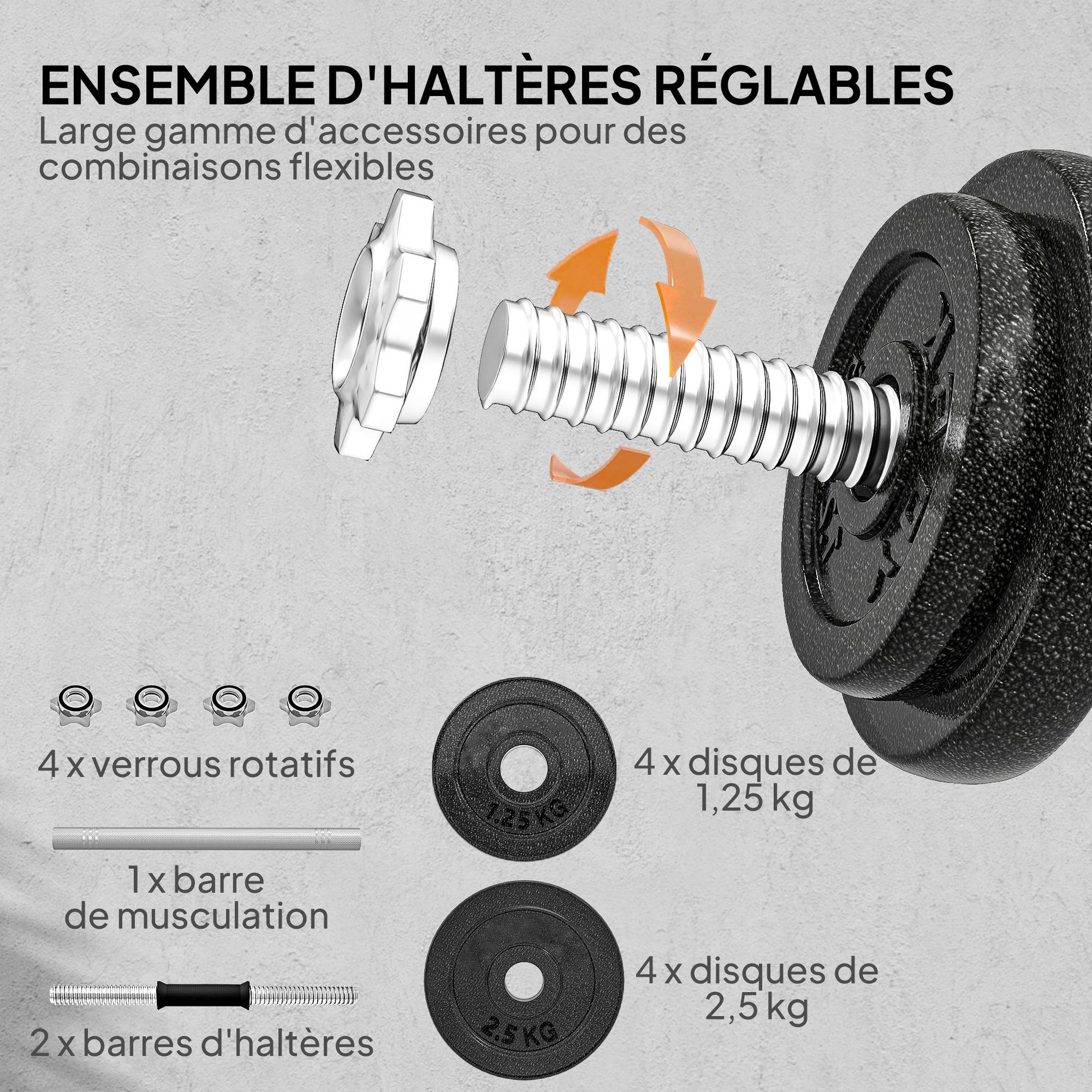 Voir la diapositive 5 : HOMCOM Ensemble d'haltères barre de musculation 2 en 1 - total 20 kg - acier gris