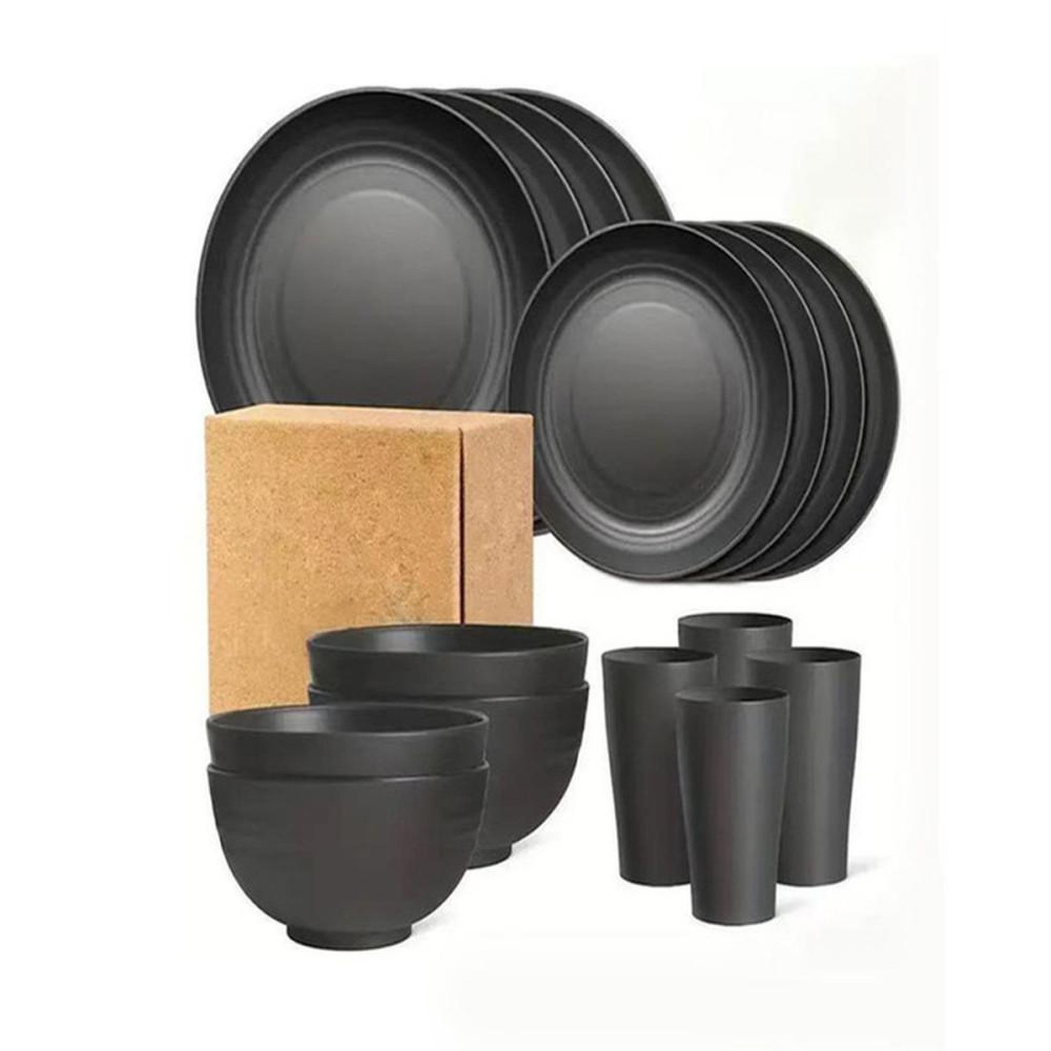 Service de table 16 pièces noir mat en PP sans BPA pour 4 : assiettes, bols et verres