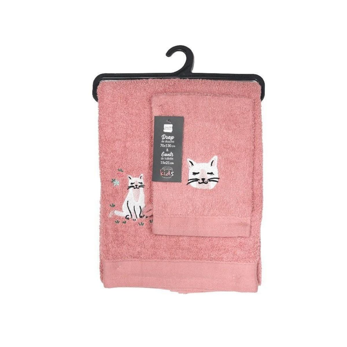 Douceur d'Intérieur Set gant avec drap de douche éponge brodée Chaton