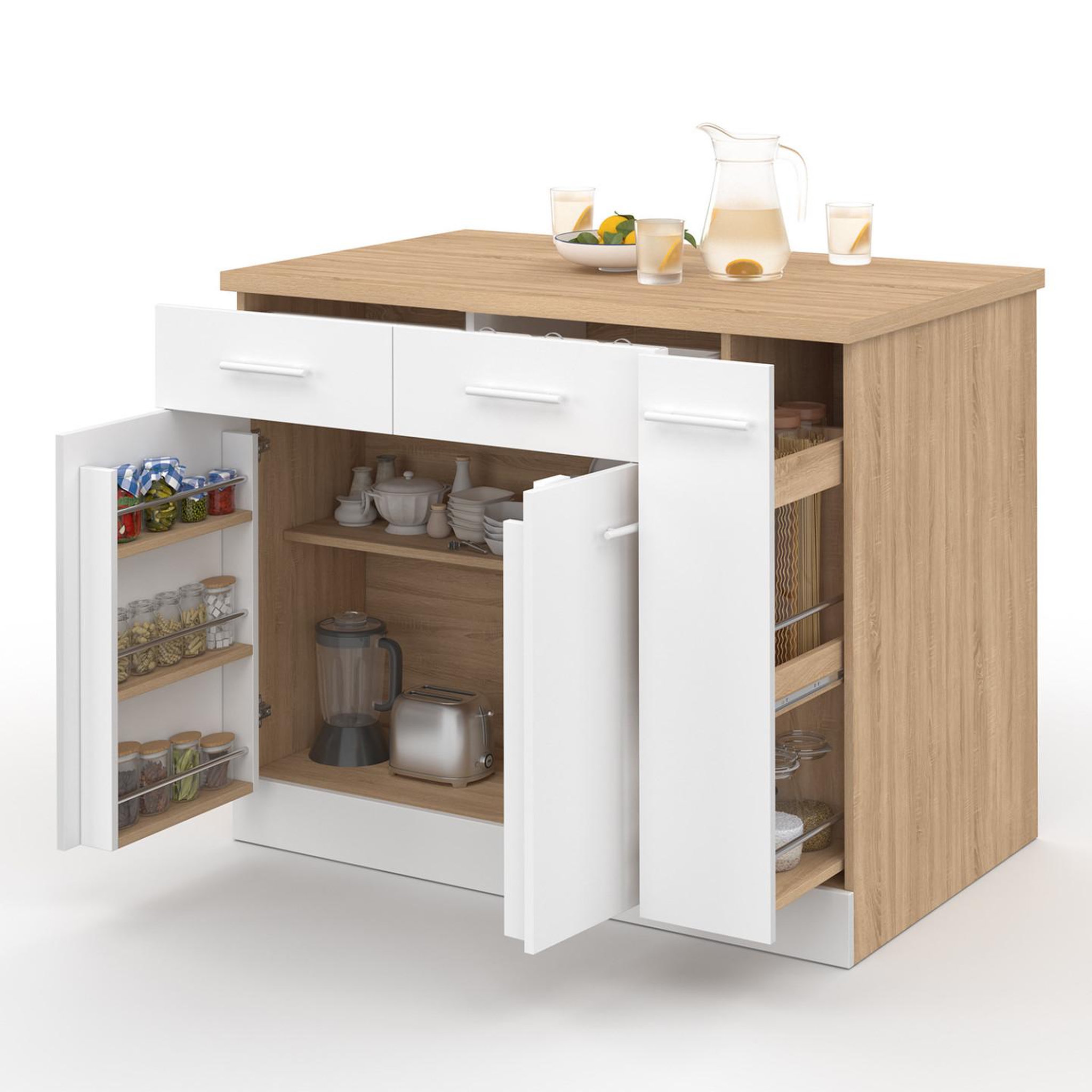 ID MARKET Ilot central alto portes avec rangements, tiroirs, rangement coulissant et plan de travail façon hêtre et blanc