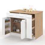 ID MARKET Ilot central ALTO portes avec rangements, tiroirs, rangement coulissant et plan de travail façon hêtre et blanc