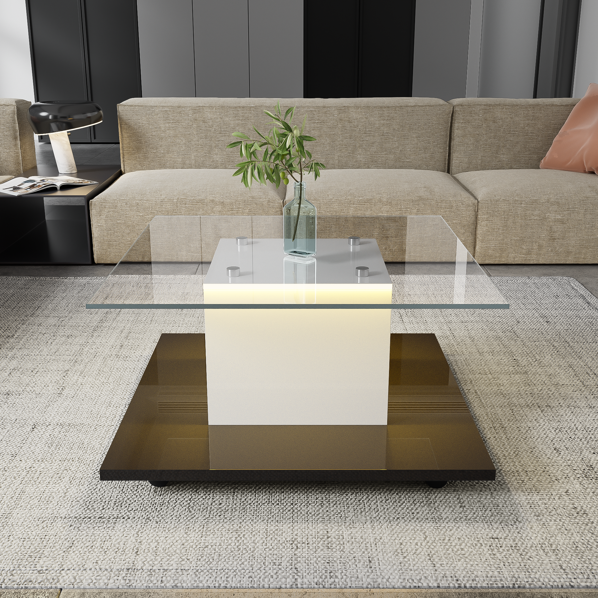 Voir la diapositive 2 : MERAX Table Basse Brillante Avec LED, Plateau En Verre Et Roues Pivotantes Amovibles