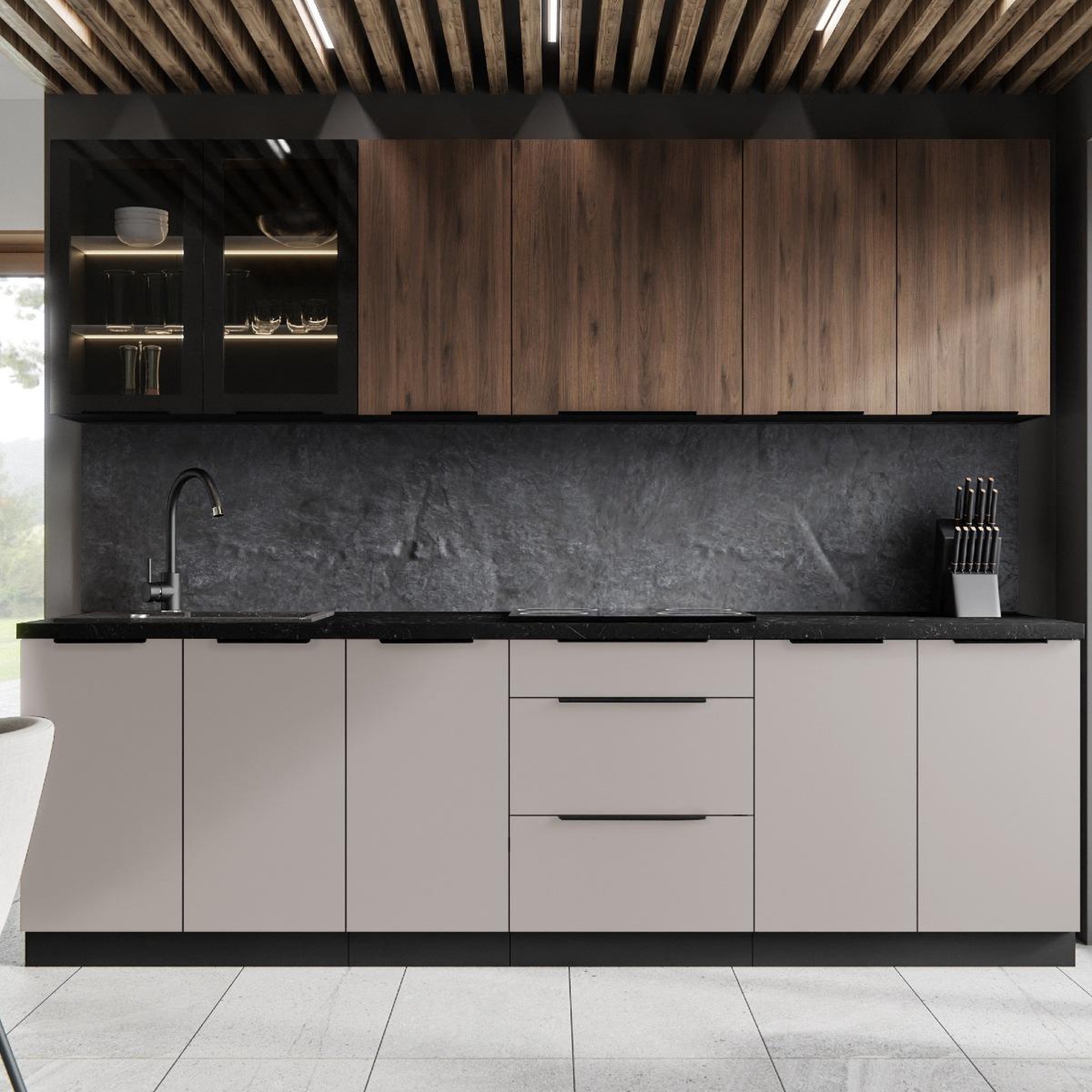 Voir la diapositive 2 : JLC KREATION Cuisine complète moderne beige et bois 260cm MAO