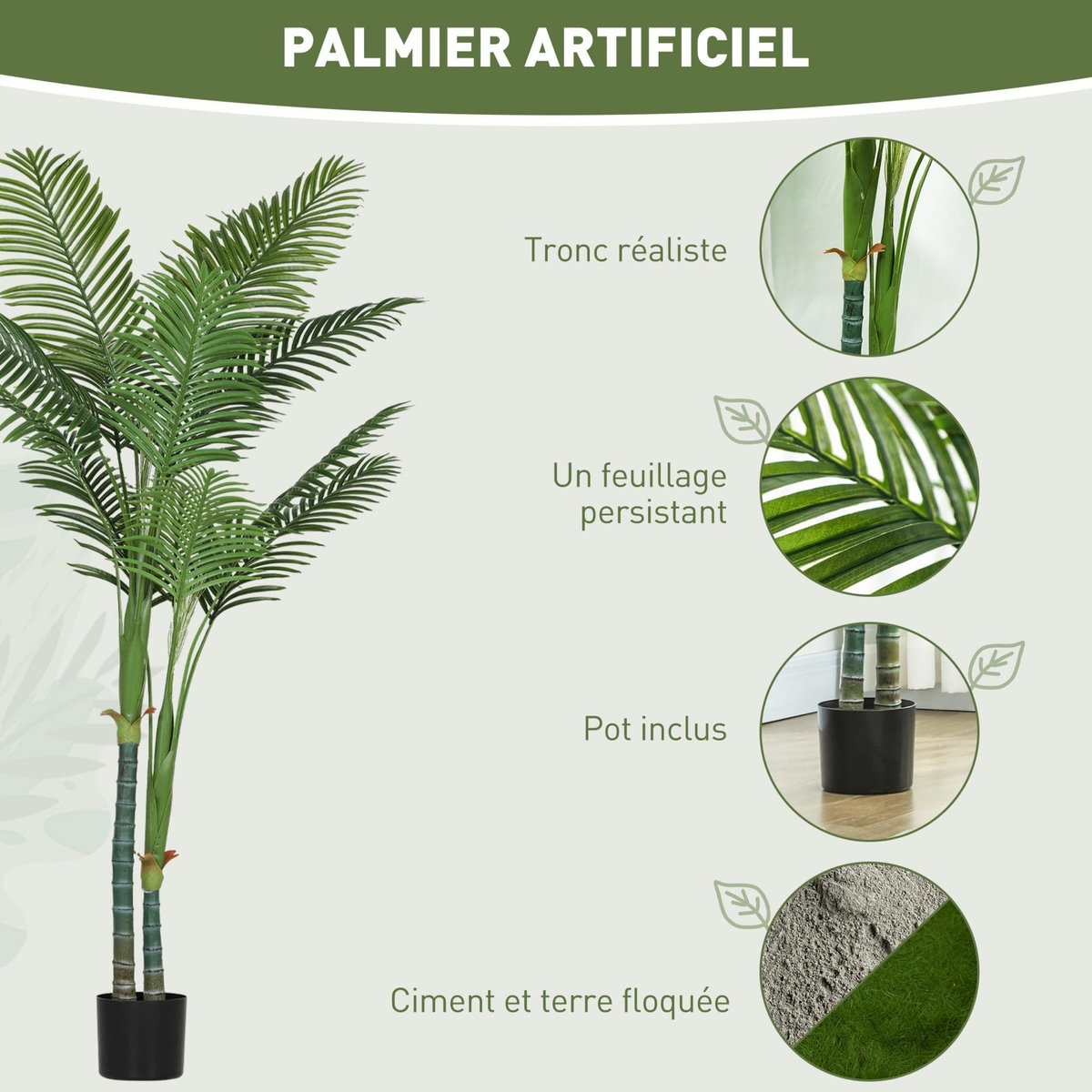 HOMCOM Palmier artificiel grande taille H.180cm palmier areca 14 feuilles grand réalisme PE vert