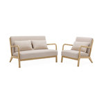 SWEEEK Banquette 2 places + Fauteuil en bois et tissu beige