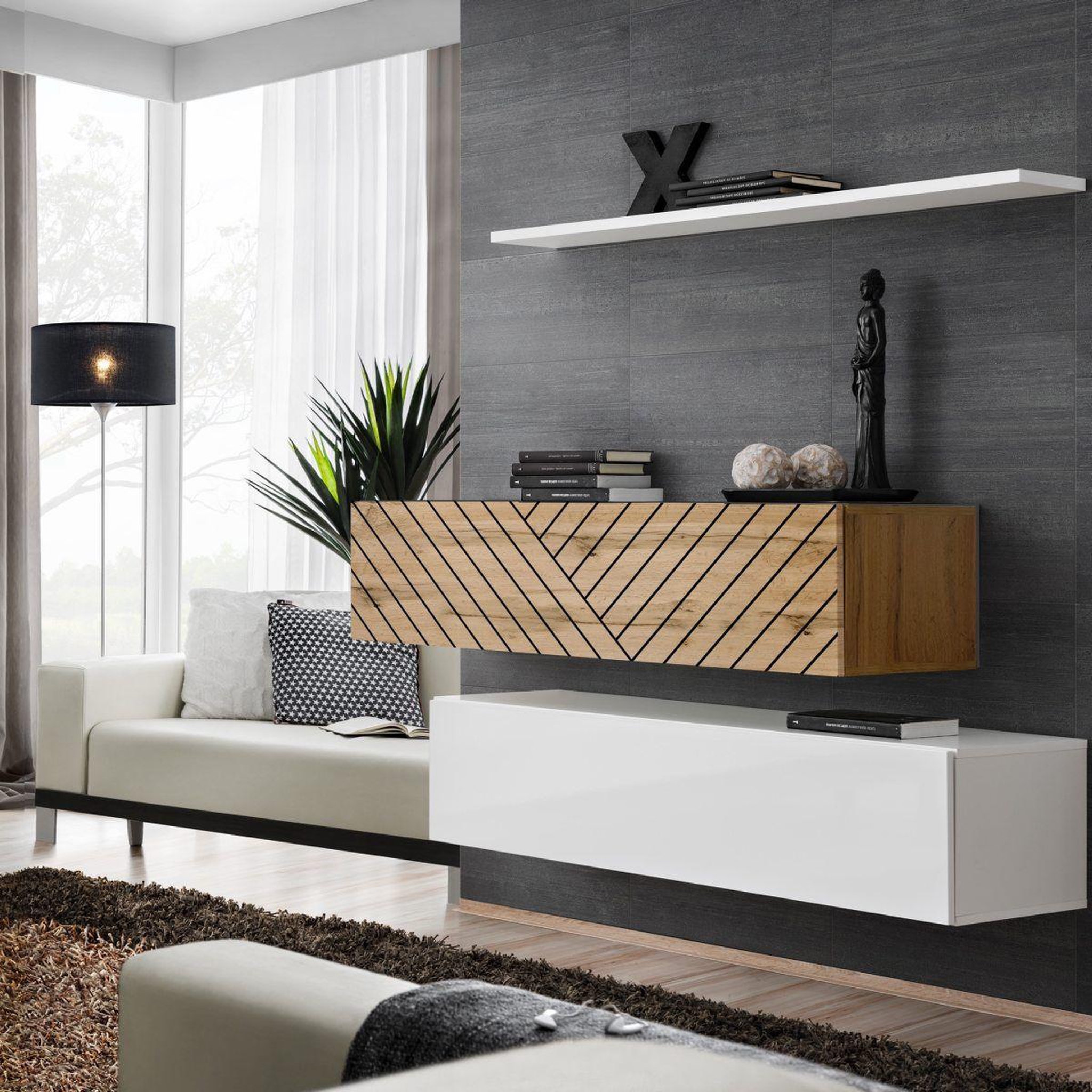 Paris Prix Lot de 2 bancs muraux & étagère  switch sbii  130cm blanc & naturel rainuré