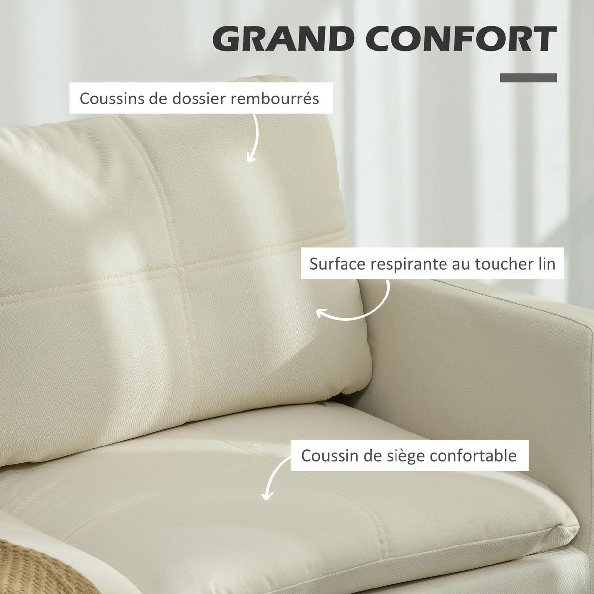 HOMCOM Canapé 2 places design contemporain - surpiqûres effet capitonné - piètement acier noir tissu crème