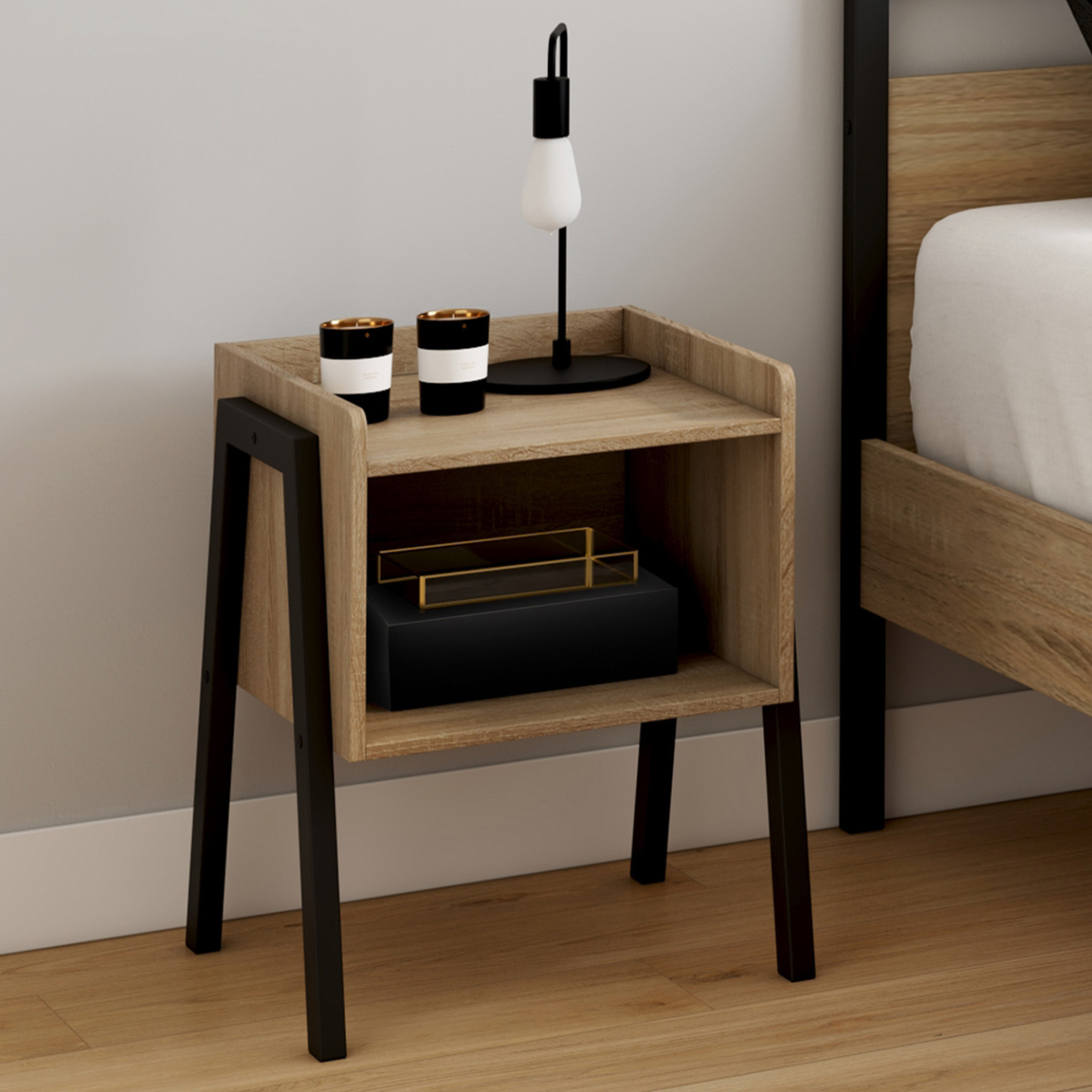 Voir la diapositive 2 : ID MARKET Lot de 2 tables de chevets dalat 1 niche bois et pieds métal noir design industriel