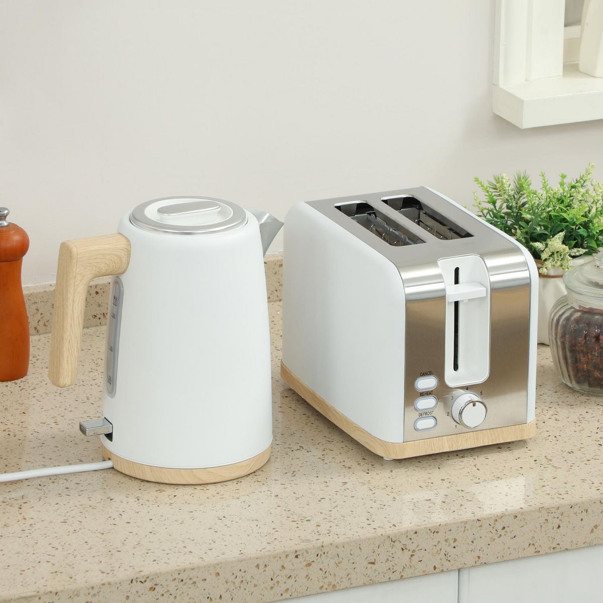 HOMCOM Ensemble bouilloire grille-pain vintage - grille-pain 2200W, bouilloire 1,7L - blanc gris effet bois