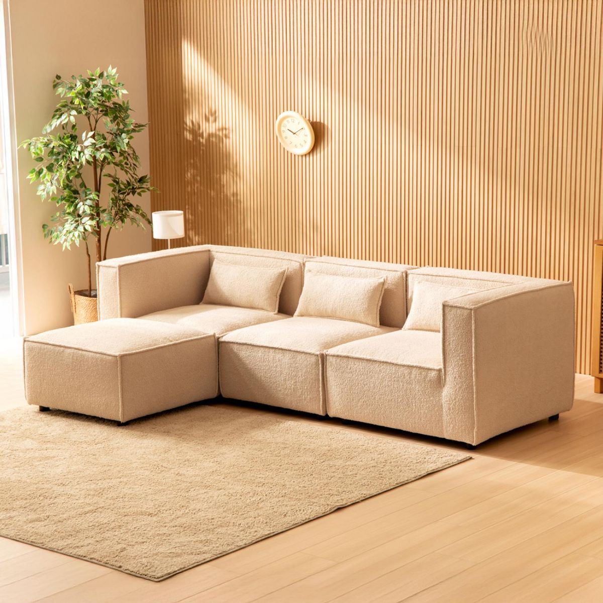 CONCEPT USINE Canapé modulable 3 places bouclette beige avec pouf MODULAR