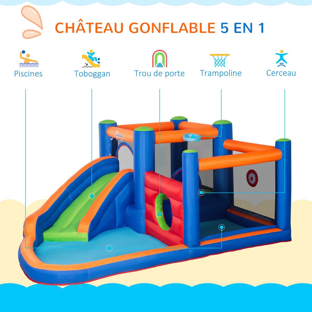 OUTSUNNY Château gonflable enfant - toboggan, trampoline, piscine - gonfleur, sac de transport inclus - dim. 3,8L x 3,4l x 1,7H m - polyester multicolore