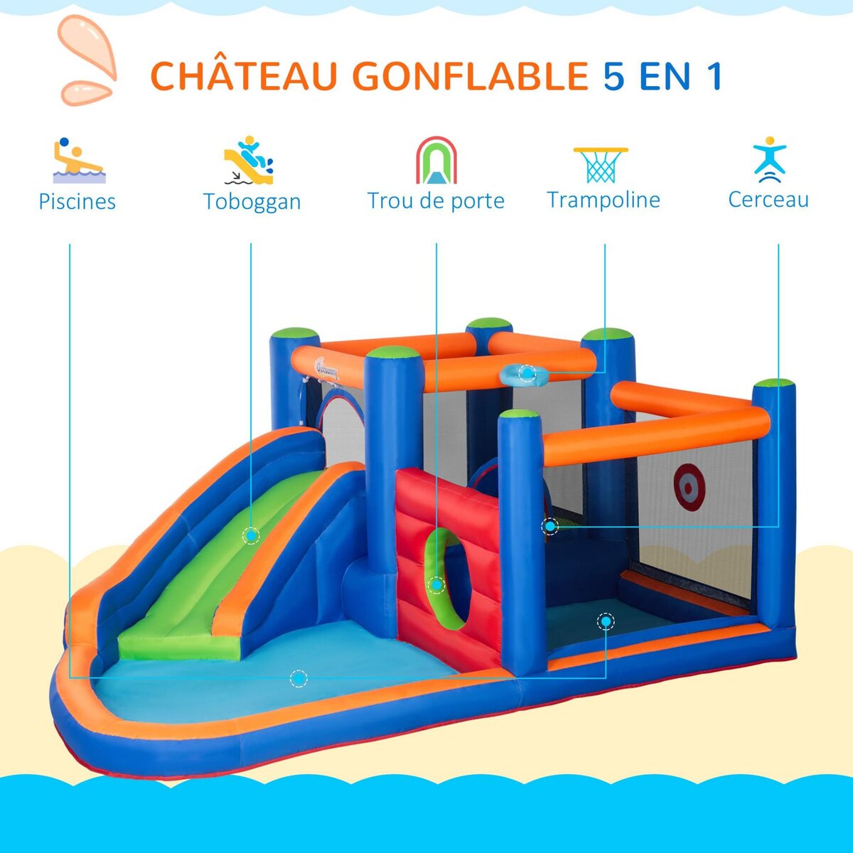 OUTSUNNY Château gonflable enfant - toboggan, trampoline, piscine - gonfleur, sac de transport inclus - dim. 3,8L x 3,4l x 1,7H m - polyester multicolore