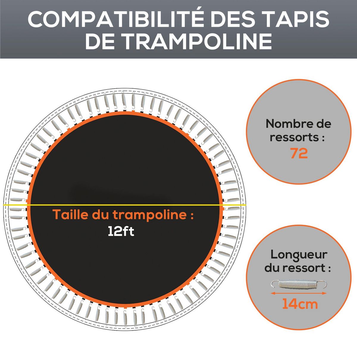 HOMCOM Tapis de rechange trampoline Ø 3,7 m ressorts 14 cm outil 72 crochets en V inclus orange noir