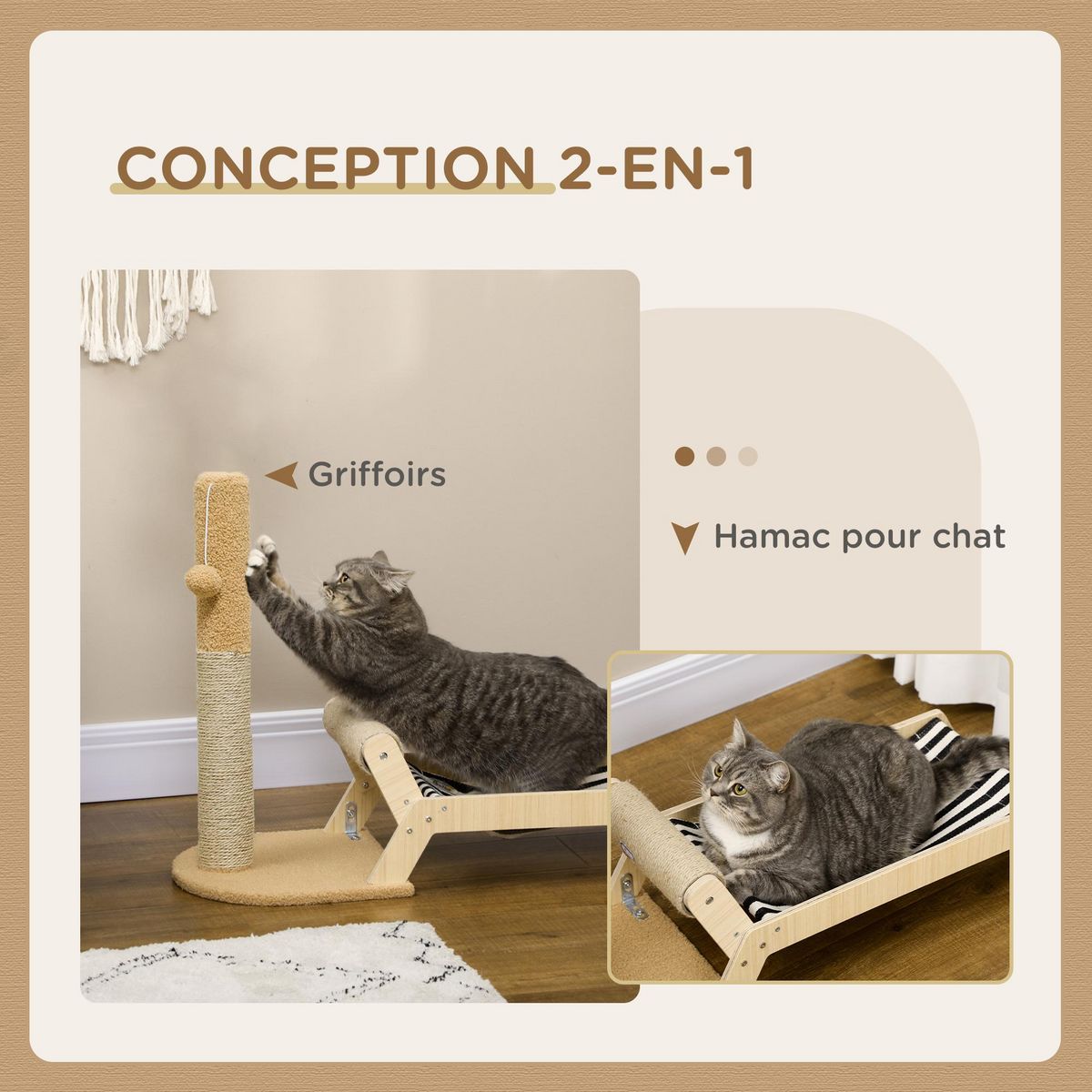 PAWHUT Lit pour chat arbre à chat griffoir grattoir avec hamac et pompon suspendu dim. 88,5L x 31,5l x 54,5H cm naturel