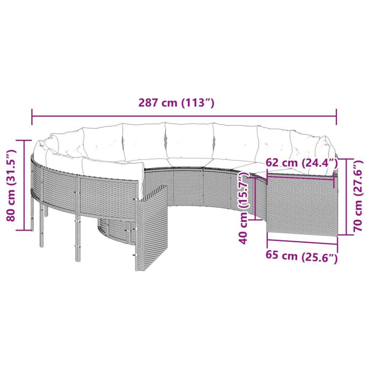 VIDAXL Canape de jardin avec coussins rond gris resine tressee