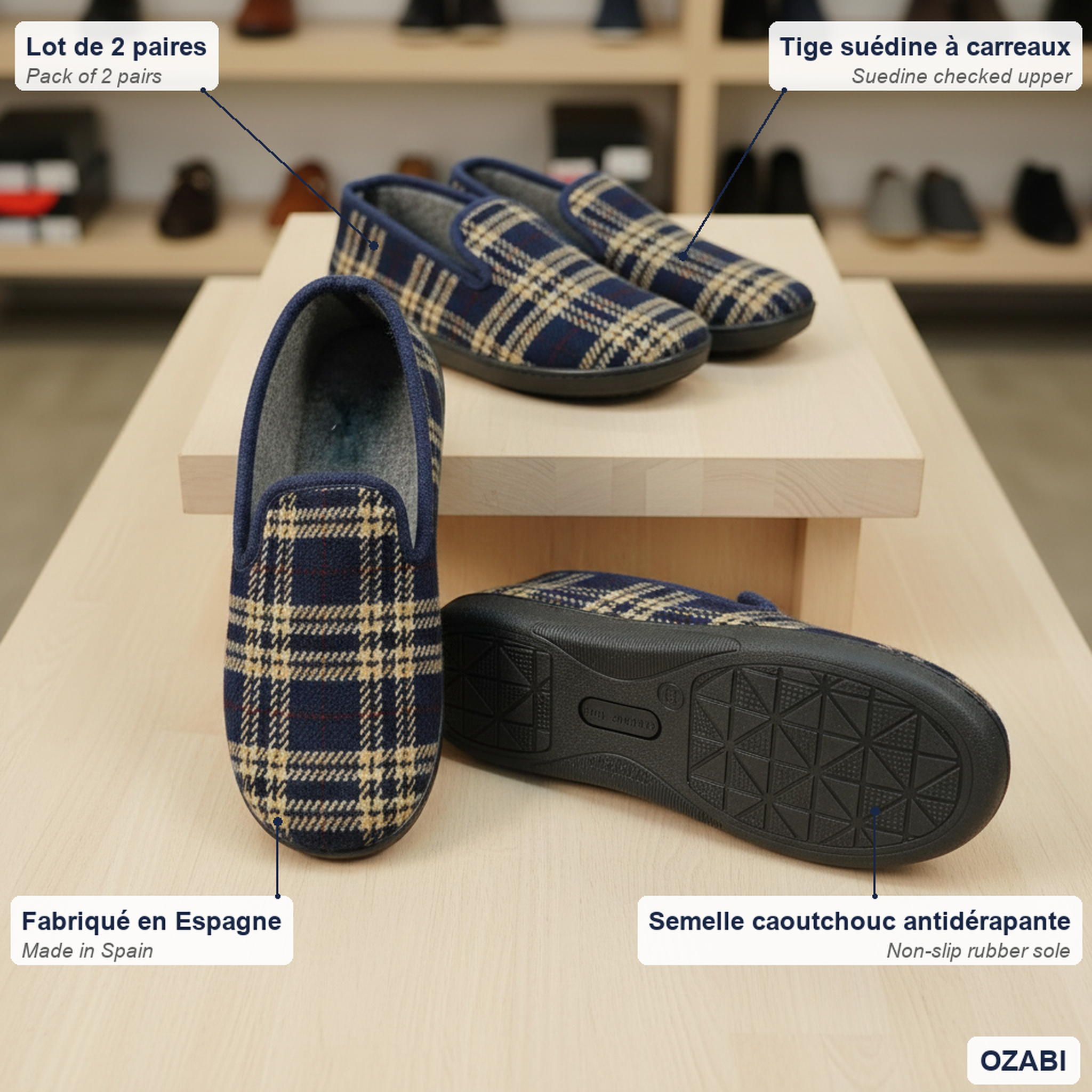 Voir la diapositive 5 : OZABI Ozabi pack de 2 paires pantoufles charentaises homme fabriquées en espagne