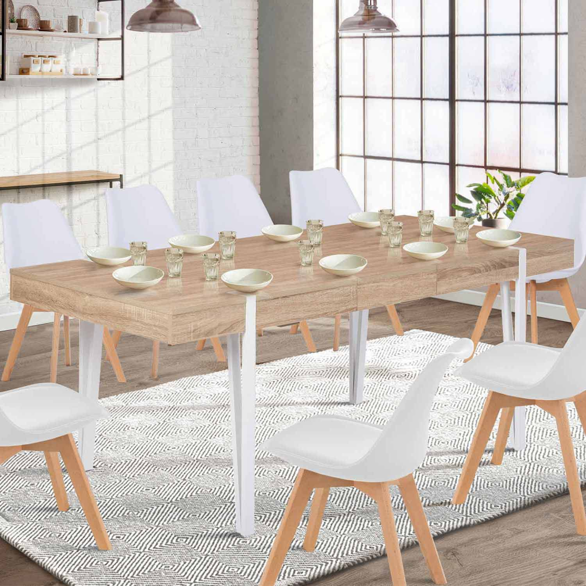 Voir la diapositive 2 : ID MARKET Table à manger extensible rectangle austria 6-10 personnes bois pied épingle blanc 160-200 cm