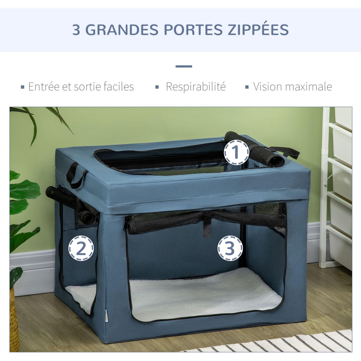 PAWHUT Sac de transport pliable pour chien chat - 2 poignées, 3 portes - dim. 69L x 51l x 51H cm - acier polyester bleu