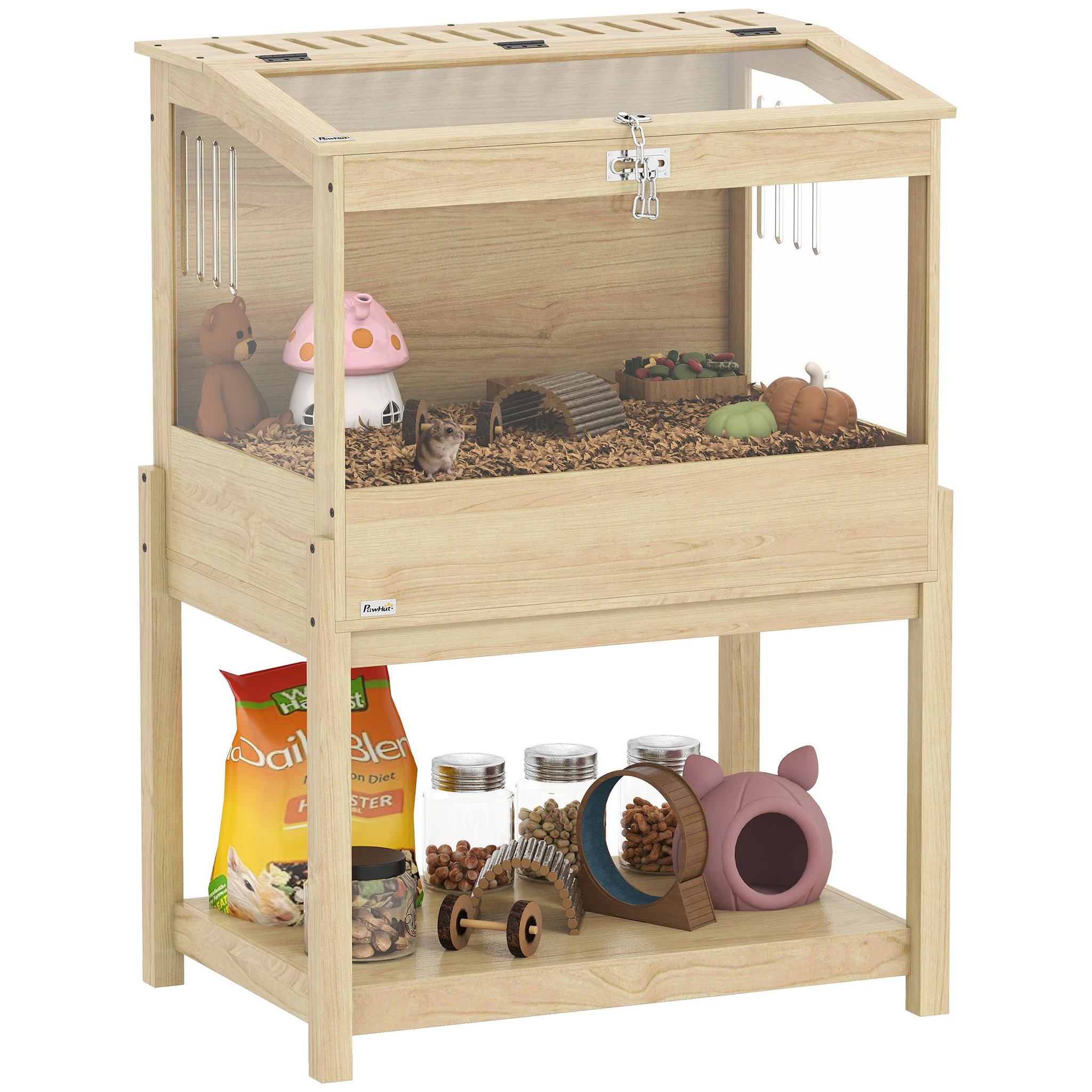 Voir la diapositive 2 : PAWHUT Cage à hamster rongeur en bois - toit ouvrant verrouillable, fenêtres acrylique, étagère - dim. 83 x 50 x 103 cm - MDF effet bois