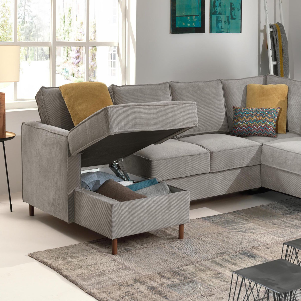 LISA DESIGN Jake - canapé panoramique d'angle droit - convertible avec coffre - 7 places - en velours côtelé