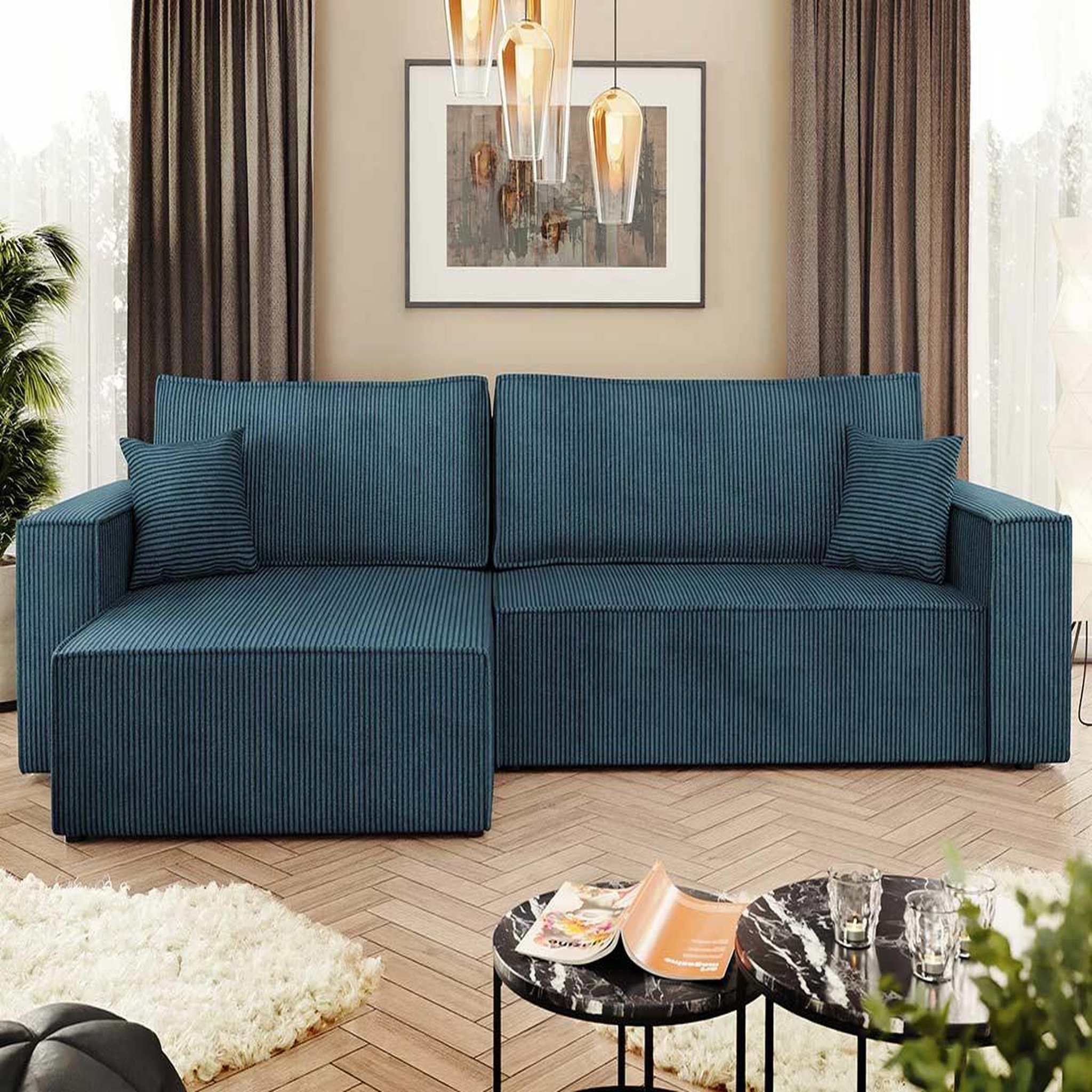 Voir la diapositive 3 : BEST MOBILIER Cezanne - canapé d'angle réversible 5 places convertible avec coffre en velours côtelé