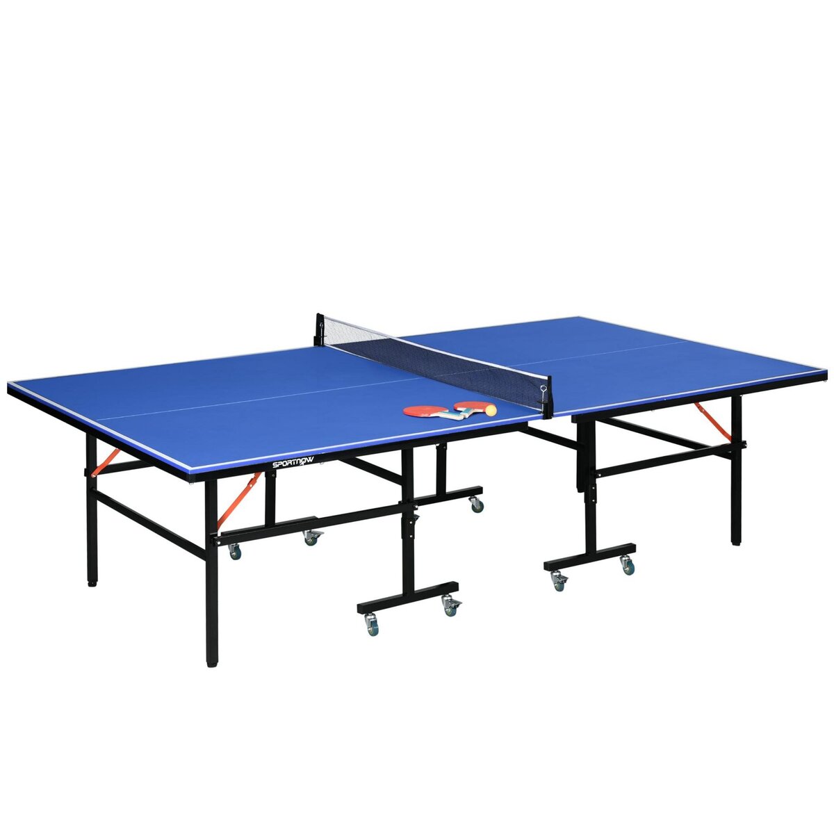 HOMCOM Table de ping pong tennis de table pliable 8 roues - filet, 2  raquettes, 3 balles inclus - noir bleu pas cher 