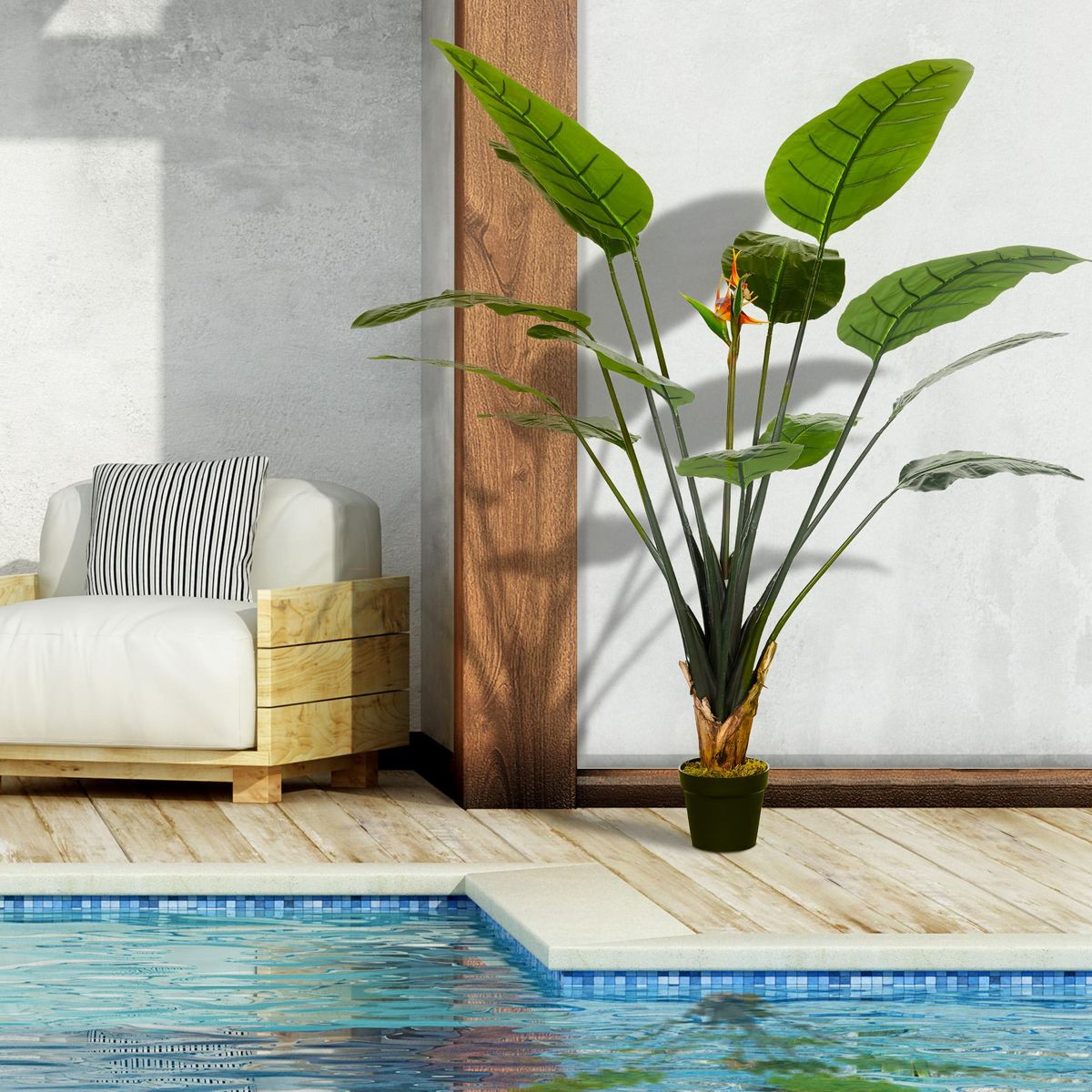 HOMCOM Plante artificielle Strelitzia H. 180 cm branches lichen feuilles fleurs grand réalisme pot inclus